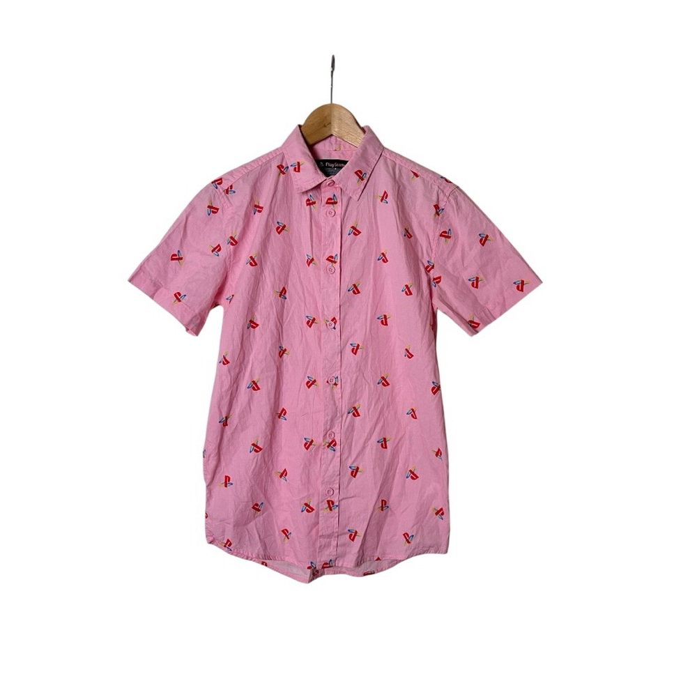 Sony Playstation All Over Logo Print Button Up Pink Shirt Men Small Video game S